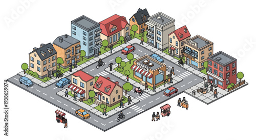 colorful city block with buildings and people