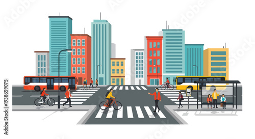 city street scene with people walking and biking