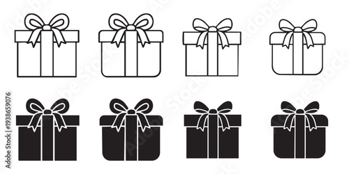 Set of gift box icons, black and white line art and silhouette style, present symbols collection