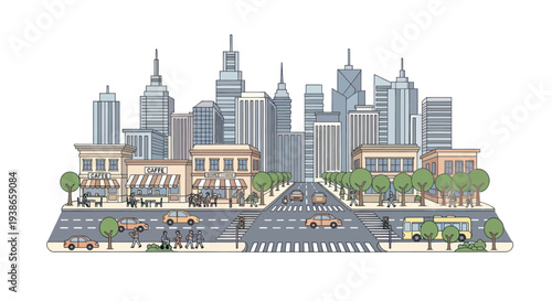 cityscape with skyscrapers and busy street