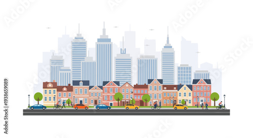 city skyline with residential houses and skyscrapers