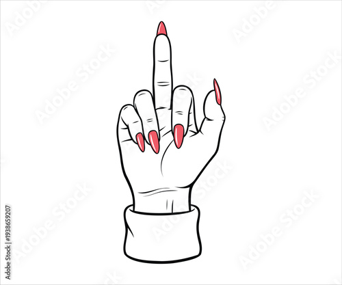 Hand with red nails giving the finger gesture