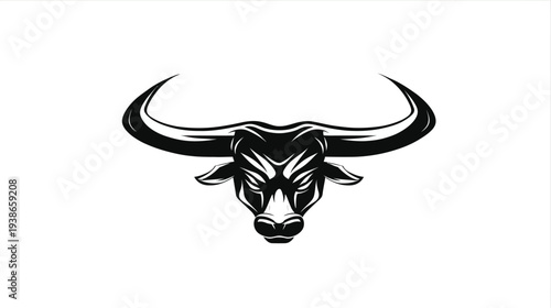 A stylized illustration of a bull's head with large horns, rendered in black on a white background