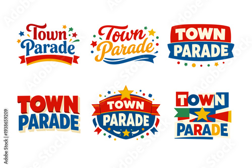 Colorful town parade logos featuring stars and ribbons in various styles