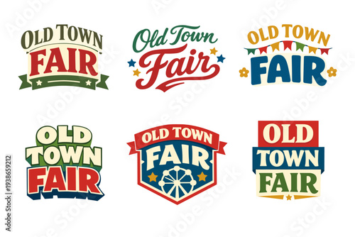 Old town fair logos collection: vintage, colorful designs for festivals and events