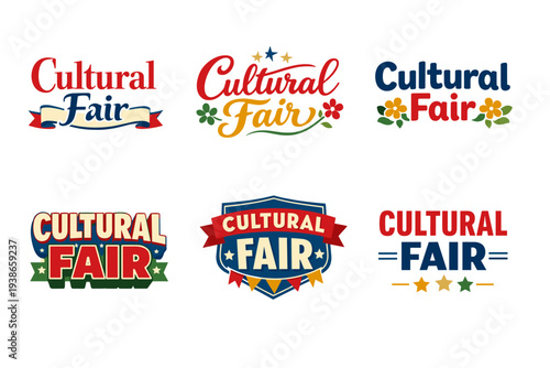 Colorful cultural fair logos with vibrant typography and decorative elements
