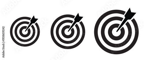 Set of three target icons with arrows hitting the center bullseye in different sizes