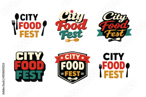 City food fest logos set with utensil elements in bold colors