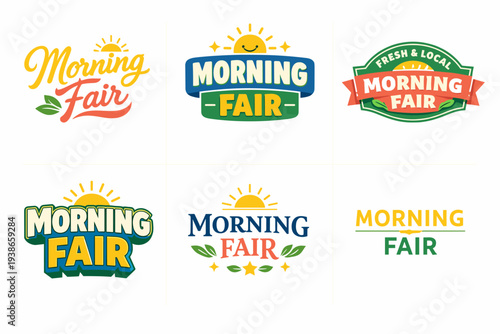 Colorful morning fair logos with sun and leaf elements