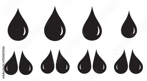 Set of black water drop icons, liquid droplet silhouettes, oil or ink splash symbols, vector design
