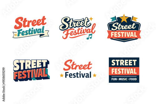 Colorful street festival logos with music and food themes