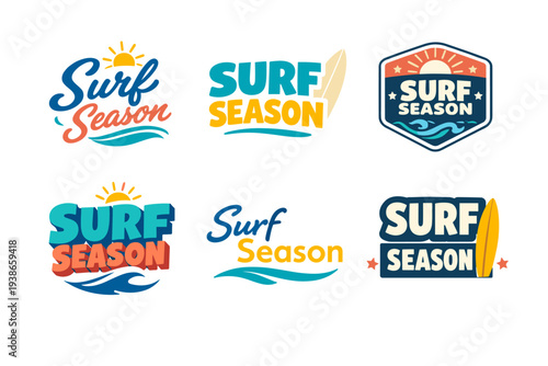 Colorful surf season logos with waves and surfboards