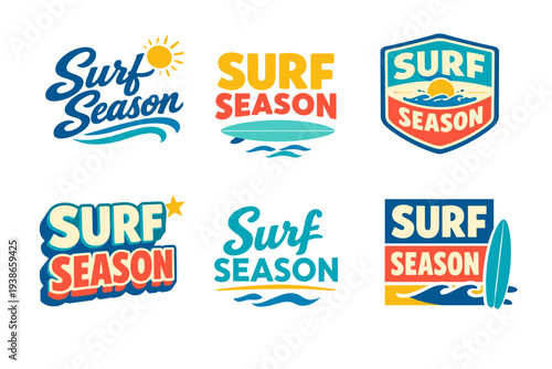 Surf season logos with beach waves and sun designs