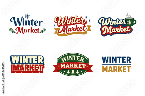 Winter market logos: festive designs with snowflakes and trees