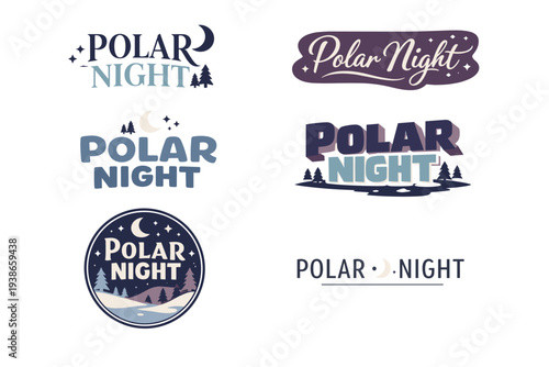 Polar night logos with moon, trees, and stars in various designs