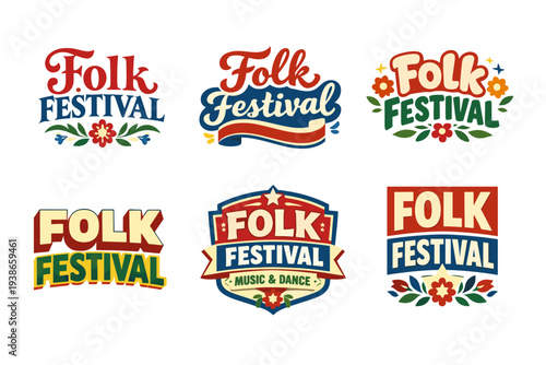 Colorful vintage folk festival logos with floral and musical themes