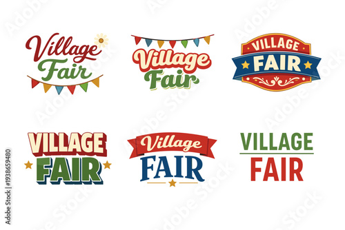 Colorful village fair logos with banners and decorative elements