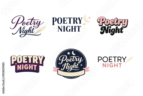Creative poetry night logos with moon and feather design variations