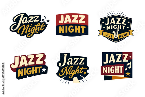 Vintage jazz night logos with musical elements and typography designs