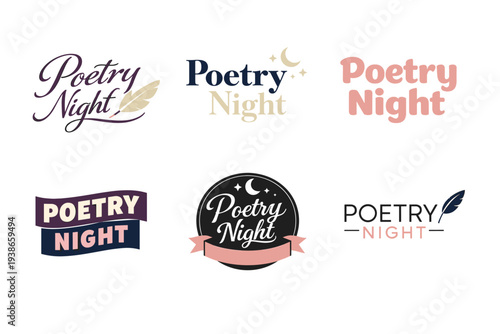 Diverse poetry night logos with feather and moon designs