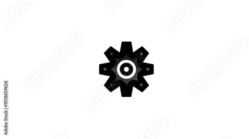 A black and white gear icon with a circular design in the center, set against a white backdrop