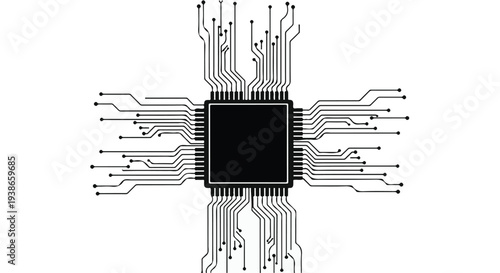 Close-up of black computer microchip with gray electronic circuits on white background, technology and hardware concept