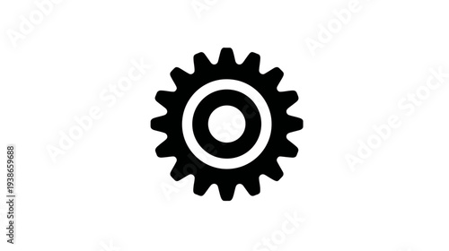 A black and white graphic of a gear with a circular inner design