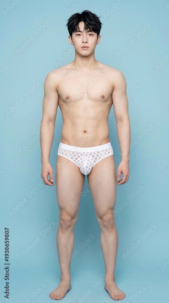 Fototapeta premium Muscular Asian male wearing white mesh briefs with polka dot pattern against soft blue background. Minimal underwear fashion concept with clean lighting and modern style.