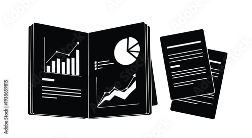 Black and white business documents with graphs and charts, financial reports and data analysis, corporate paperwork and statistics, modern office workspace