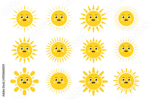 A set of cute cartoon sun emojis with different facial expressions on transparent background