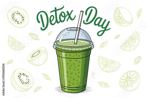 A vibrant illustration of a green detox smoothie with kiwi and lemon slices on transparent background