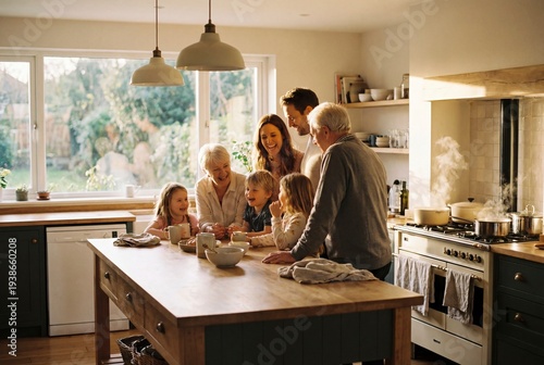 Happy multi generational family laughing and cooking together in cozy kitchen