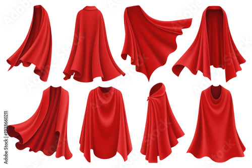 A set of red capes on transparent background, flowing in various directions, designed as a vector graphic illustration