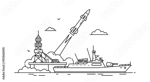 Military Warship Launching Missile from Sea Base Line Art, isolated white background.