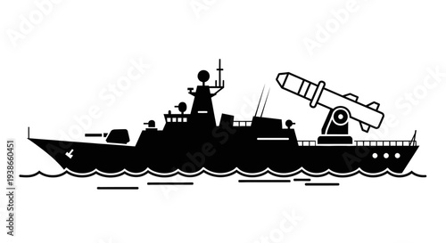 Silhouette of Modern Military Warship with Missile Launchers on Isolated White Background, Representing Naval Power