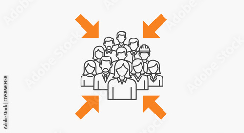 Outline Illustration of People Assembling with Orange Inward Arrows on Isolated White Background, for Gathering Point
