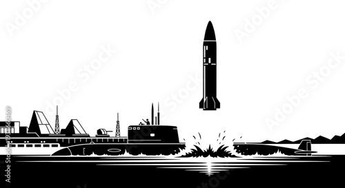 Silhouette of Submarine Launching Ballistic Missile from Ocean, Illustrating Military Power and Strategic Defense