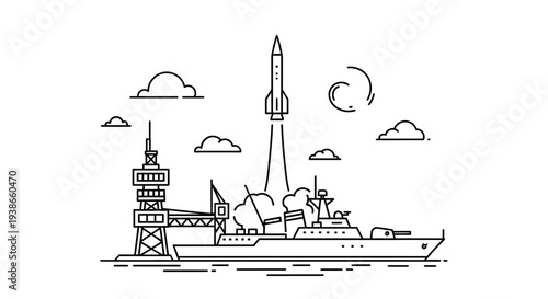 Line Art Military Warship and Rocket Launch Near Cityscape with Tower at Sea, Illustrating Defense Technology