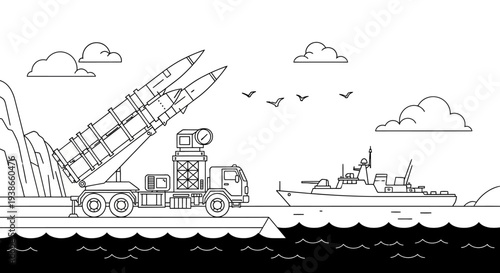 Line Art Military Scene with Warship, Missile Launcher, and Rocket Launch at Sea, Depicting Defense and Power