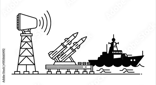 Naval Base with Missile Launcher, Warning Tower, and Warship Silhouette, Monochrome Line Art.