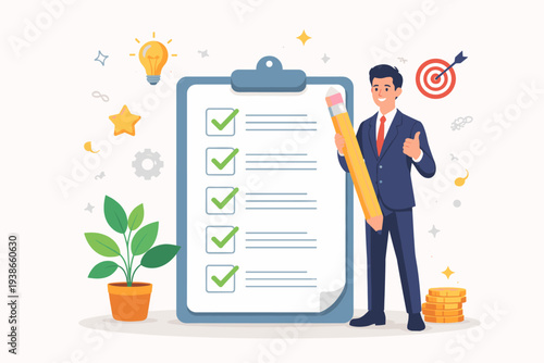 Successful businessman holding a giant pencil and giving a thumbs up next to a completed checklist on a clipboard with green checkmarks, representing productivity, efficiency, and goal achievement.