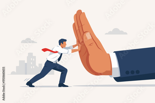 Businessman Pushing Against a Giant Hand Representing Corporate Power and Authority, David and Goliath Conflict Between Employee and Boss, Resistance and Challenge in Business Concept Vector