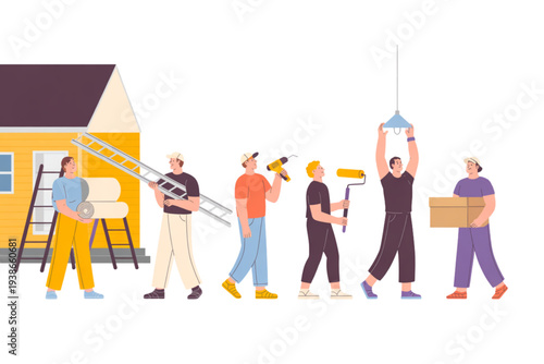 A group of people working together to renovate a house on transparent background