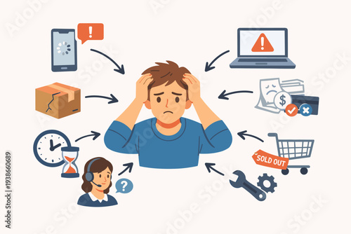 Stressed Man Surrounded by Customer Pain Points Icons Like Broken Package, Slow Loading, Technical Issues, High Costs, Sold Out Items, and Poor Support for Business Problem Solving Concept