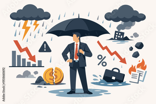 Businessman with Umbrella Protecting Against Financial Crisis, Economic Recession, Market Crash, and Business Risks. Concept of Risk Management, Insurance, Resilience, and Crisis Management.