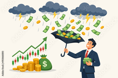 Businessman catching falling money with an inverted umbrella from storm clouds, representing passive income, stock market profit, financial success, investment growth, and wealth accumulation.