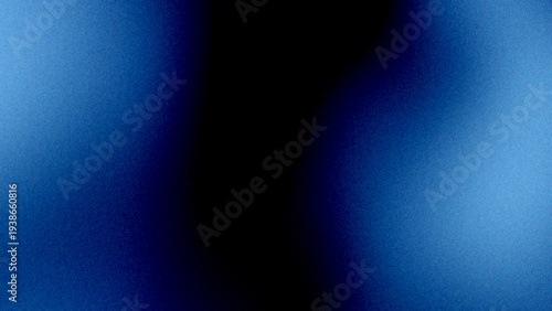 Dark abstract background with gradient wave in soft blue to royal blue. Blurred blue lights glowing on both sides of black backdrop. Grainy noise, rough, grunge texture. Old, vhs, lo-fi, analog design
