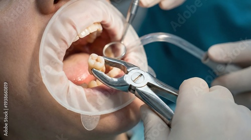 Dentist performing a tooth extraction procedure on a patient in a clinic.