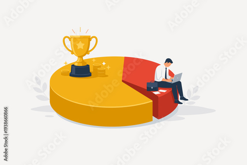 Pareto Principle 80/20 Rule Concept Illustration with Businessman Working on Laptop and Gold Trophy with Coins on Pie Chart Representing Work Efficiency, High Productivity, and Success Results