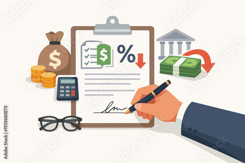 Business Person Signing Loan Agreement or Debt Obligation Document on Clipboard with Money Bag, Cash, Calculator, and Bank Icon, Illustrating Financial Credit, Interest Rates, and Repayment.